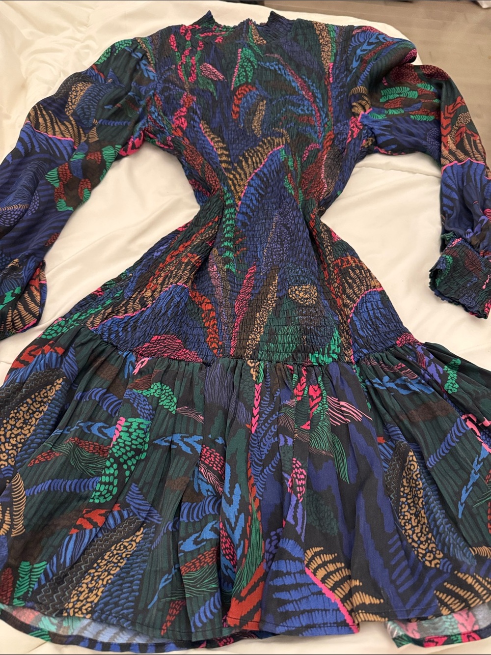 FARM Rio Multicolor Feather-Print Smocked Long-Sleeve Midi Dress